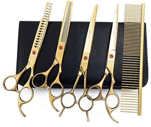 Professionelles Hundescheren-Set, Chunker-Schere für Hunde, gebogene Hundefriseurschere, Ausdünnschere für Hunde mit Pflegekamm, 17,8 cm/20,3 cm