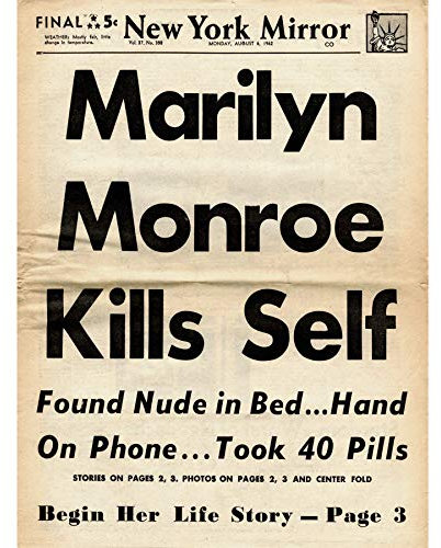 Artery8 Death Marilyn Monroe 1962 Headline News Front Page Large Wall Art Poster Print Thick Paper 18X24 Inch Tod Seite Wand Poster drucken