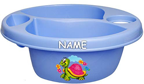 alles-meine.de GmbH 3 Kammer - Schüssel/Waschschüssel/Kinderwaschbecken - blau Tiere - Schildkröte & Blumen inkl. Name - Bieco - mit Seifenablage - Organizer - Reinigungs..
