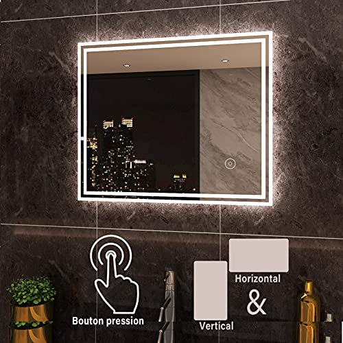 SIRHONA Miroir LED 60x50 cm avec éclairage LED Miroir Salle de Bain Antibuée, Miroir Mural, Mémoire, Couleur et Luminosité Réglables