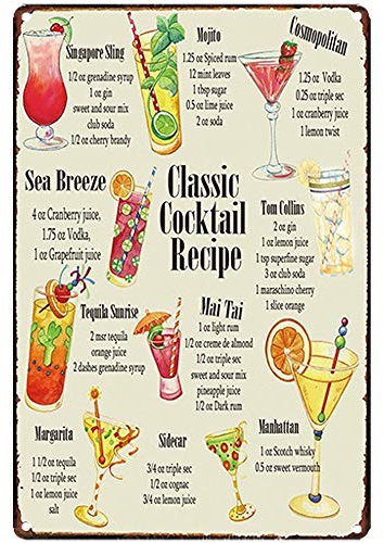 Original Vintage Design Classic Cocktail Rezept Tin Metal Sign Wall Art, Thick Tinplate Print Poster Wall Decoration for Bar/Kitchen (Cocktail Recipe, 8x12 inch) (20x30cm)