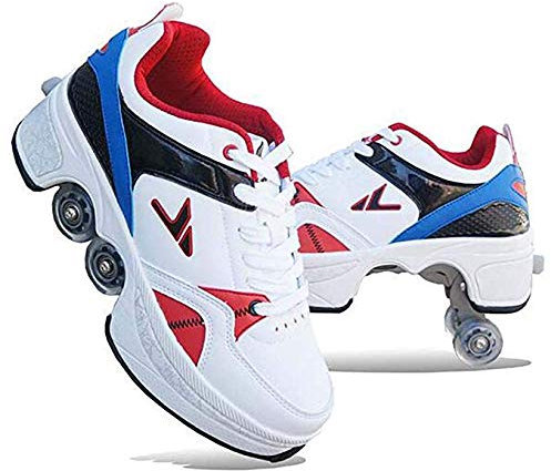 AOOM Skeeler 2-in-1-Mehrzweck-Rollschuh für Anfänger, Sneaker, Inline-Skate, der Schuh kann angepasst werden, vier Skate, Skateboardschuhe, Schuhverformung, weiß blau, Größe 34