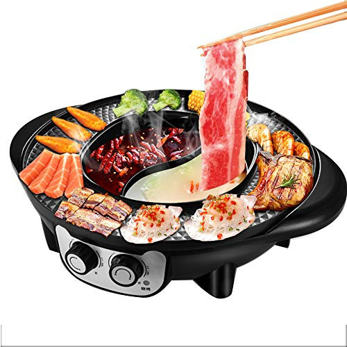 ZCY Korean Electric Barbecue Grill and Hot Pot Double Pot, Non-Stick Coating / Quick Cleaning / Large Capacity Suitable for Family Parties