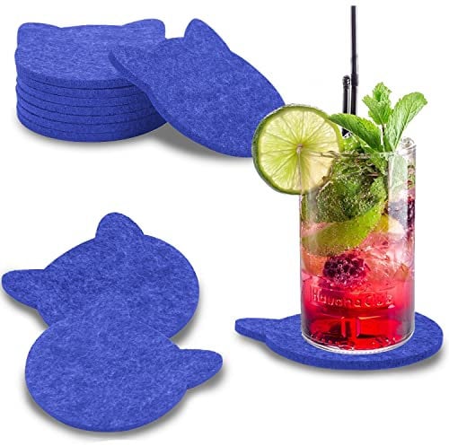 wortek Filz Untersetzer Gläser Blau in Katzenform – 8er Set Glasuntersetzer für Getränke, Tassen, Bar, Glas - Ø 10cm Tischuntersetzer waschbare Filzuntersetzer Gläser Glas Untersetzer-Set