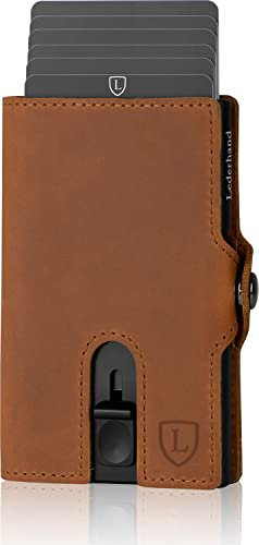 Lederhand® Aventus Wallet – Premium Leder Geldbörse handgemacht für Herren und Damen Portemonnaie Aluminium Kartenhalter mit Münzfach und Platz für 9 Karten mit RFID NFC Schutz Farbe|(Hellbraun)