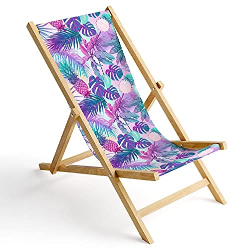 Ferocity Holz-Liegestuhl Klappbar Klappliegestuhl Sonnenliege Strandstuhl Wechselbezug Motiv Palmen Magenta-Türkis [119]