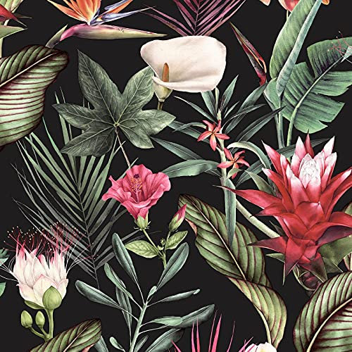 Flora Black Wallpaper Floral Tropical Jungle Orange Green Natural