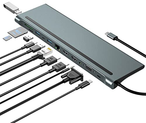 USB-C-Dockingstation, 12-in-1-USB-C-Hub, 3 Monitor Typ C auf 4K Dual HDMI+VGA-Adapter, Laptop-Dockingstation Multiport 87W PD, USB3.0 SD/TF RJ45 Audio für HP/MacBook/Dell/Lenovo-Laptops