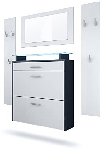 Vladon Garderobe Malea, Garderobenset bestehend aus 1 Hängeschuhschrank, 1 Wandspiegel und 2 Garderobenpaneele, Anthrazit matt/Weiß matt, inkl. LED-Beleuchtung blau
