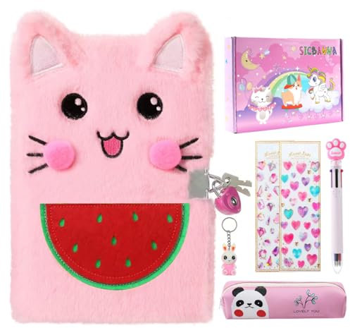 Sicbanna Diario de gato con cerradura y llaves para niñas, diario para niños, cuaderno de viaje escolar, juego de regalo para escribir y dibujar, diario secreto con estuche para lápices, calcomanías