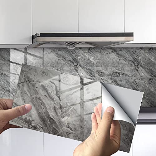 HORIWE Marble Tile Stickers for Bathroom Kitchen Backsplash Waterproof Oil Proof DIY Self Adhesive New PVC Wall Stickers Home Decor 12x6 Inches 16pc (Grey Marble Pattern 3, 30x15cm(12x6) - 16PCS)