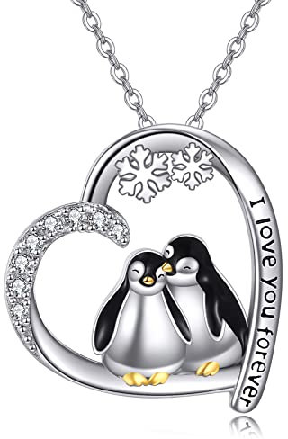 POPLYKE Herz Zwei Pinguin Halskette für Damen 925 Sterling Silber Pinguin Schmuck Schwester Freund Mama Tochter Pinguin Geschenke für Damen Geburtstag