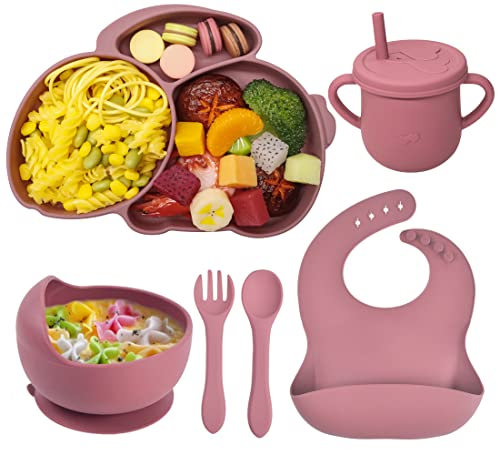 Baogaier Silikon Baby Geschirrset, Rutschfest Kindergeschirr Set mit Saugnapf, 6 Stück BPA-Frei Esslernbesteck Sets mit Löffel Gabel Schüssel Lätzchen Trinklernbecher Teller, Hase Rosa