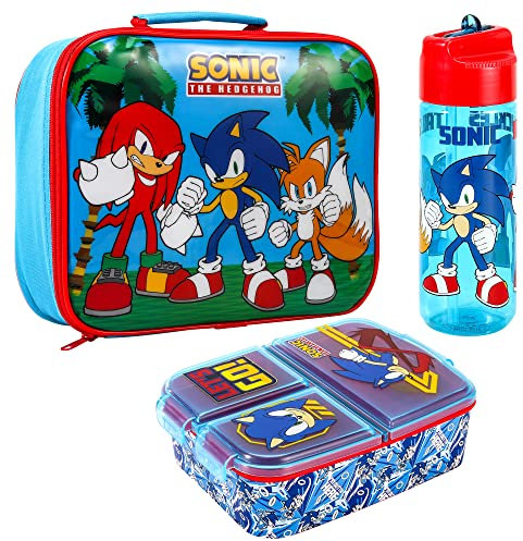 Zawadi Global Sonic The Hedgehog Kinder Lunchbox Set - Isolierte Lunch-Tasche, Multi-Fach Lunchbox & 540ml Wasserflasche - Schule Reisen Lunch Food Set, BPA Frei