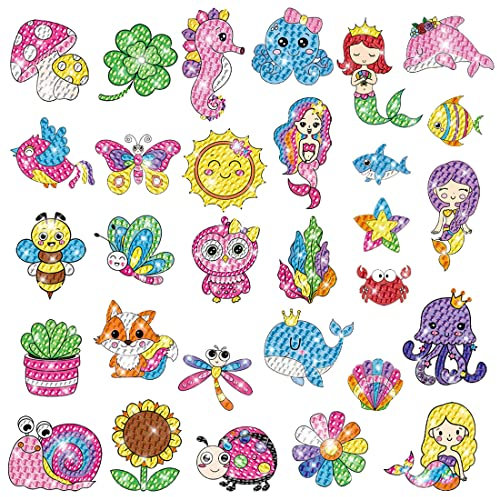 5D Diamond Painting Set für Kinder, DIY 5D DoppelseitigeSet Diamant Aufkleber, Diamond Painting Sticker, 30 Stück Meerjungfrau Tier Mit Geschenkbox für Weihnachten Kindertag Geburtstagsgeschenk