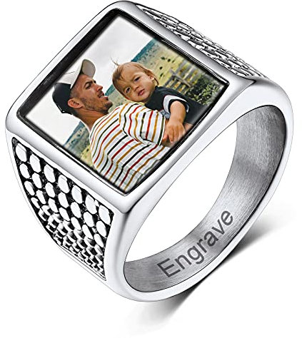 Custom4U Personalisierter Herren Damen Foto Siegelring Edelstahl Quadratischer Fingerring mit Fotogravur Memorial Jungen Siegelring Ehering Verlobungsring für Personalisiert Foto Geschenk