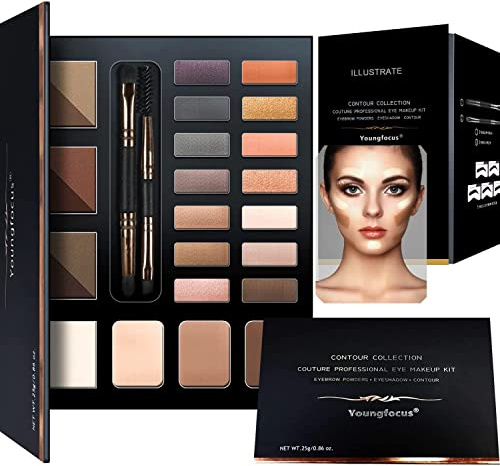 Youngfocus Eye Makeup Brow Contour Kit, 6 Eyebrow Powders, 14 Highly Pigmented Eyeshadows, 3 Highlighters, 5 Stencils, Brush Duo, Wax, 1g (Pack of 1)