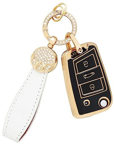 BLINGOOSE Schlüsselhülle für VW Volkswagen 3 Tasten Auto Schlüsselgehäuse Schutz Bling Keychain für VW Polo Tiguan Golf 7 MK7 T ROC Cross Touran Taigo Girly Frauen Schwarz Gold TPU