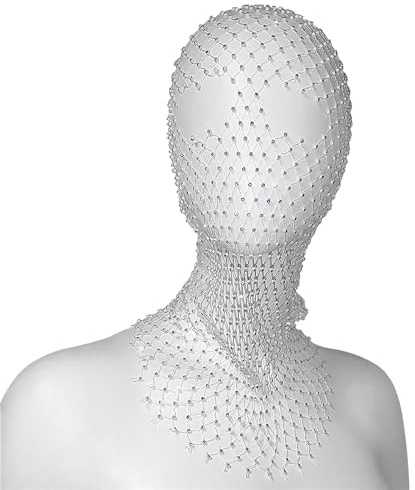 YJZQ Bonnet Masque Strass Bandeaux Mesh Résille Coiffure en filet Bandeaux Cristal Brillant Chaîne de tête Mariage Voile de tête Kit de Costume Mascarade Halloween Ball Soirée 55CM blanc