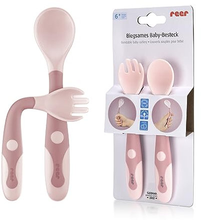 reer Biegsames Baby- und Kinder-Besteckset | 2-teiliges Lernbesteck | Löffel und Gabel | Erstausstattung | rosa