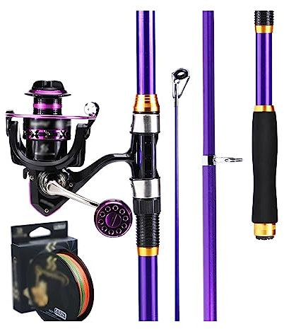 Angelruten-Kombinationen, Lila, Angelruten-Kombination, Teleskop-Angelrute und Spinnrolle, Angelschnur, komplettes Set, tragbar, zum Reisen, Angeln, für Reisen, Salzwasser, Süßwasser, Boot Decoration