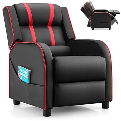 COSTWAY Children Recliner Chair, PU Leather Kids Armchair Sofa with Adjustable Backrest & Footrest, Side Pocket, Upholstered Gaming Lounger for Boys Girls (Black+Red)
