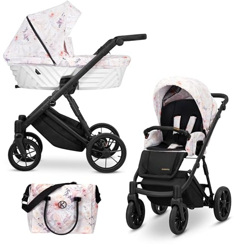 Kunert® IVENTO 2 in 1 Kinderwagen Kombikinderwagen komplettset I incl. Babywanne & Buggy Sportsitz mit Wickeltasche/Regenschutz +Fußsack I IVE 04 DELICATE FLOWERS/BLACK FRAME