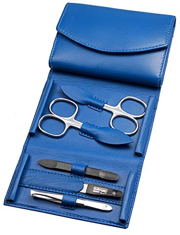 Maniküre Set - 5 teiliges Nagelpflegeset - Echtes Nappa-Lammleder Manicure - Nagelschere, Hautschere, Nagelfeile, Pinzette und Doppelinstrument (Kobaltblau)