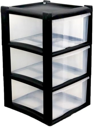 SIDSONS Large Storage Drawer Unit Tower Plastic Organizer Cabinet with 3 Drawers School Office Stationary Art Craft Home Bedroom Chest Clothes Organizer Bath Seasonal Decorations (Black/Clear)