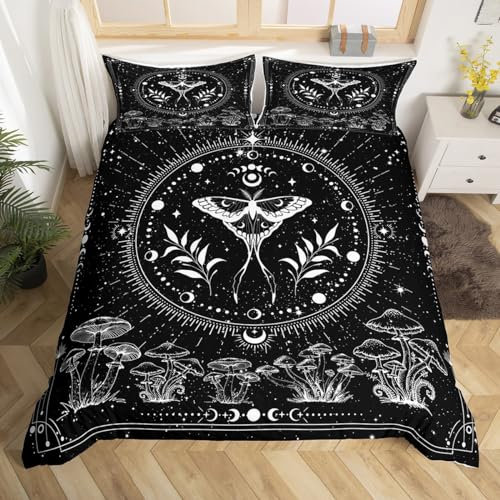 Bettwäsche-Set im Bohemian-Stil, Pilzpflanze, King-Size-Größe, Galaxie-Sonnen- und Mond-Konstellation, Bettdeckenbezug mit 2 Kissenbezügen, 3-teilig, Gothic-Motten-Bettwäsche-Set für Erwachsene, junge