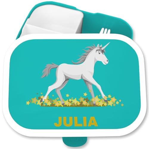 Brotdose Kinder Campus für Mepal - Einhörner - Einhorn Einhornmotiv - 750 ml - Türkis - kindergarten vorschulkinder geschenke unicorn jausenbox mädchen vesperbox kita einhörnern 3 fächer