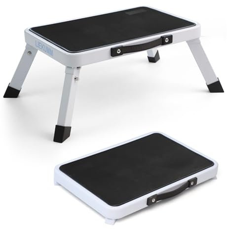 LIEKUMM Klappbarer Tritthocker 18 cm hoch, 150 kg Tragkraft – Leichte Trittstufe aus Stahl für Küche, Haushalt und Wohnwagen, mit Rutschfester Plattform und Gummifüßen, Weiß