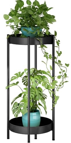 Fiita Metal Gold Tall Plant Stand Indoor or Outdoor- 20/31 Inch 2 Tier Pedestal Plant Table Corner Flower Pots Rack Shelves with Removable Display Shelves for Kitchen Living Room Balcony Bedroom