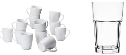 Amazon Basics Coffee Mug Set, 12-Piece Porcelain, 12oz(370cc), White (Previously AmazonCommercial Brand) & Olympia Pack of 12 Toughened Orleans Hi Ball Glasses 285ml