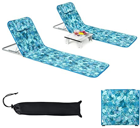 GYMAX 2er Set Strandmatte mit kleinem Tisch, Faltbare Strandliegen mit Verstellbarer Rückenlehne & Abnehmbarer Kopfstütze, Liegematte mit Aufbewahrungstasche, Sonnenmatte für Garten & Pool