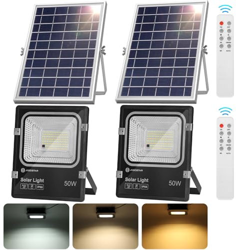 Aigostar - Foco solar exterior con mando a distancia,50W,regulable 3000/4000/6500K.Panel solar y batería de gran capacidad.Cable de 2m.Uso interior/exterior IP66: jardín,patios,garaje,2 piezas