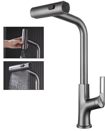 RONMX Wasserfall Wasserhahn Küche, RF0281 Modern Küchenarmatur Ausziehbar, 3 Modi Armatur Küche, Küchenarmatur Mischbatterie, Spültischarmatur Küche, Einzelgriff, Dauerhaft