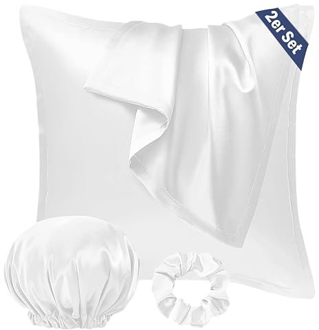 Seiwohl Lot de 2 Housses de Coussin en Satin 60 x 60 cm - pour Cheveux et Peau - Similaires à la Soie - Blanc - avec élastique à Cheveux et Bonnet