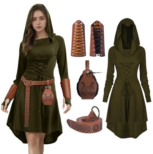 FSUJWOA 4 Stück Renaissance kostüm für Damen, Gothic Mittelalter Kleidung, Kapuzenkleid mitKorsett für Halloween Partys