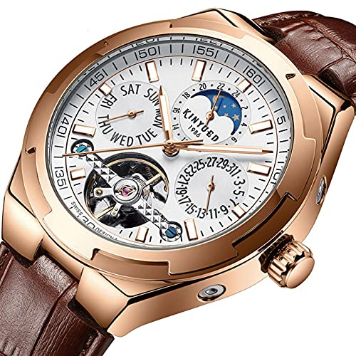 HFWXYSA Luxury Tourbillon Herren Mondphase Automatische Mechanische Armbanduhr Echtes Leder Männer Edelstahl Skeleton Automatische Uhren Für Männer Schwungrad Kalender Uhr