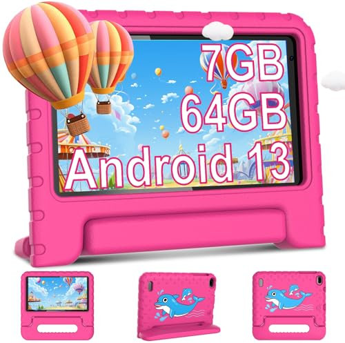 AOCWEI Android 13, tablet da 7 pollici HD bambini con WiFi 6, 7 GB RAM + 64 GB ROM (512 GB TF), Bluetooth 5.0, Dual Cameras, Quad-Core, Controllo Parentale, Custodia Antiurto EVA, Rosso