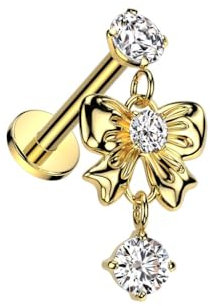 beyoutifulthings Lippen-Piercing Zirkonia Schleifen-Anhänger Gold Clear Piercing-Stecker Chirurgenstahl Schraub-Verschluss Stab 8-mm lang 1,2-mm dick