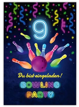 12 Einladungskarten zum 9. Kindergeburtstag Bowling Kegeln Jungen Mädchen coole Einladungen neunte Geburtstag Mädchengeburtstag Jungsgeburtstag