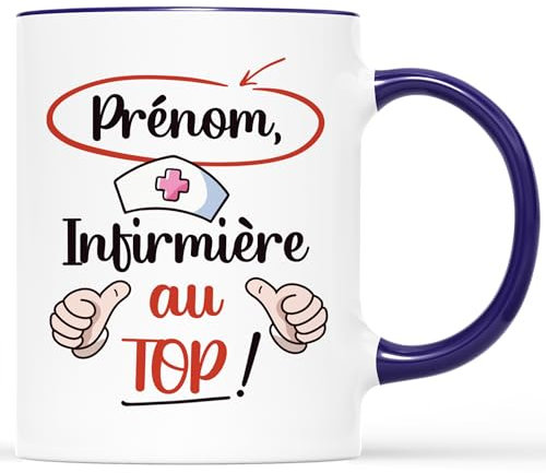 Cadeau Plus Mug Personnalisé Prénom Infirmière Au Top - Cadeau Drole Collegue, Cadeau Infirmiere, Tasse infirmière, Mug infirmière (Marine)
