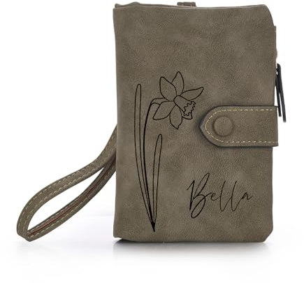 OTXIXTO Portefeuille Cuir Personnalisés pour Femme Nom Fleur de Naissance Portefeuille avec Zippé Porte-Monnaie avec Courroie de Poignet Mesdames Portefeuille pour Petite Amie Épouse Maman - Vert