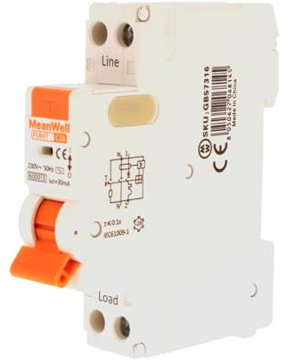 MeanWell Interruttore Magnetotermico Differenziale Slim Da 1 Modulo DIN, RCBO 1P+N C16 16A, Tipo AC Curva C 30mA 6000A, 2 Poli 1M 220V
