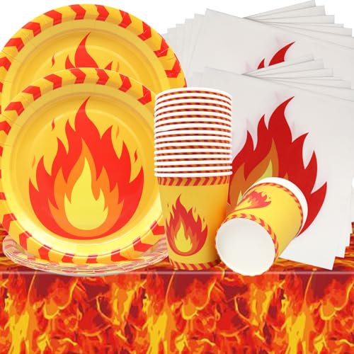 Doyomtoy Couverts de fête pour Pompiers,61Pcs Vaisselle pour Fête d'anniversaire d'enfants Assiettes,Nappe,Gobelets,Pour Serviettes Décoration de fête sur le Thème du Feu(La Flamme)