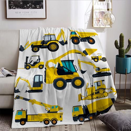 HZVRTN Gelbe Kuscheldecke Traktor 150×200 cm, weiche Plüschdecke im Bagger Traktor Kuscheldecke Cartoon,Teenager und Erwachsene,Wurfdecke für Bett und Couch