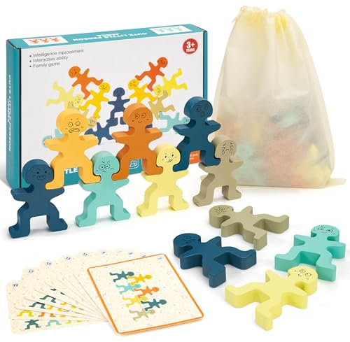Jesustree Bois Blocs D'empilage, Jouets à Empiler et de Tri avec 10 Cartes de Référence Recto-Verso, Jeux D'équilibre Montessori Préscolaire Enfant Éducatifs pour 3 4 5 6 Ans Garçons Filles,18 Pièces