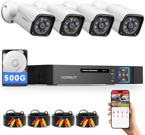 VORGUT Wired Security Camera System Outdoor, 4CH 5MP Lite AHD DVR with 500G Hard Drive, 4 x 5MP Wired CCTV Camera, Indoor/Outdoor Surveillance DVR Kit with Human Detection, Night Vision